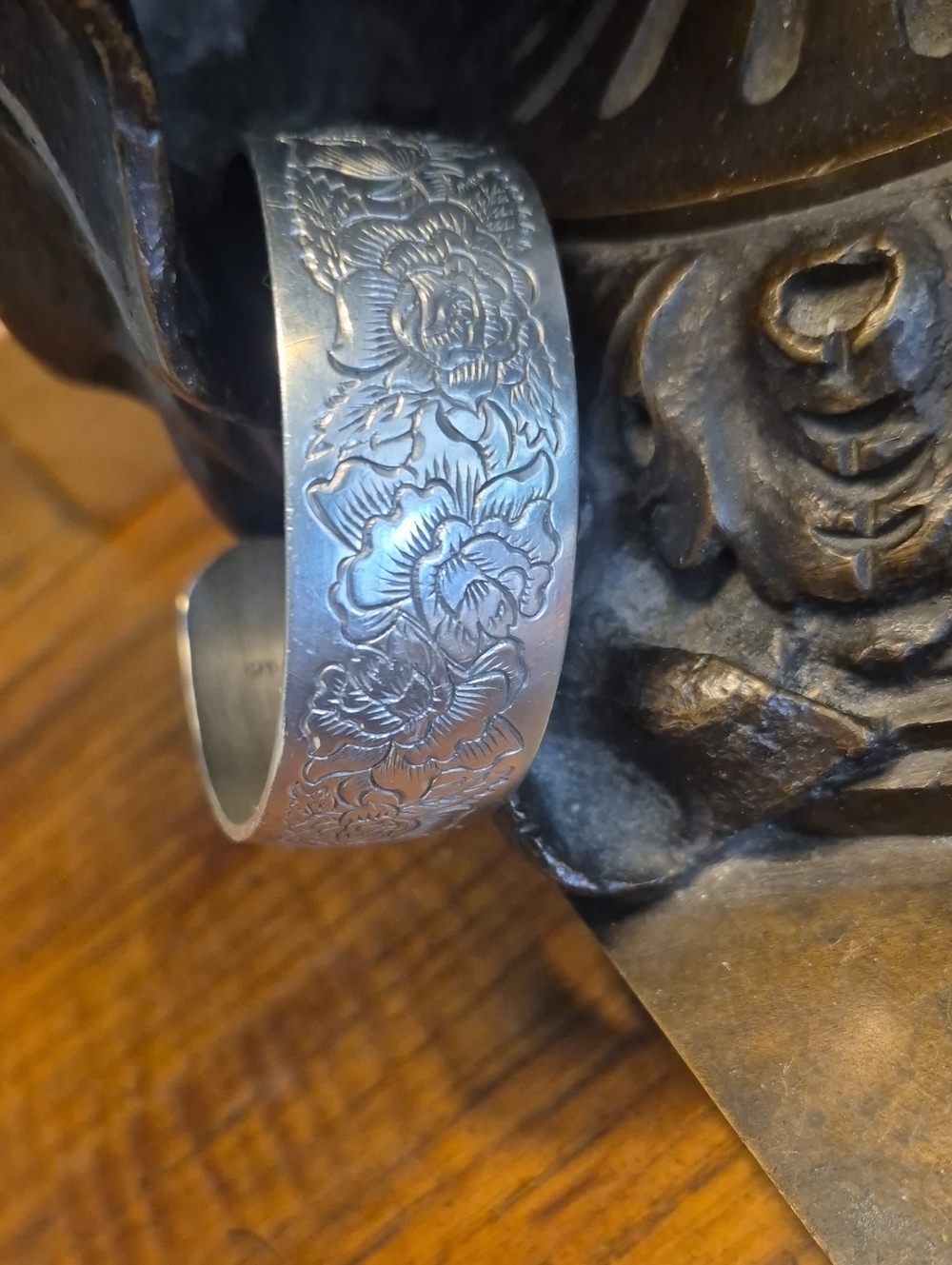 Vintage Kirk Stieff Pewter Rose Engraved Cuff Bracelet Flower Of The Month June